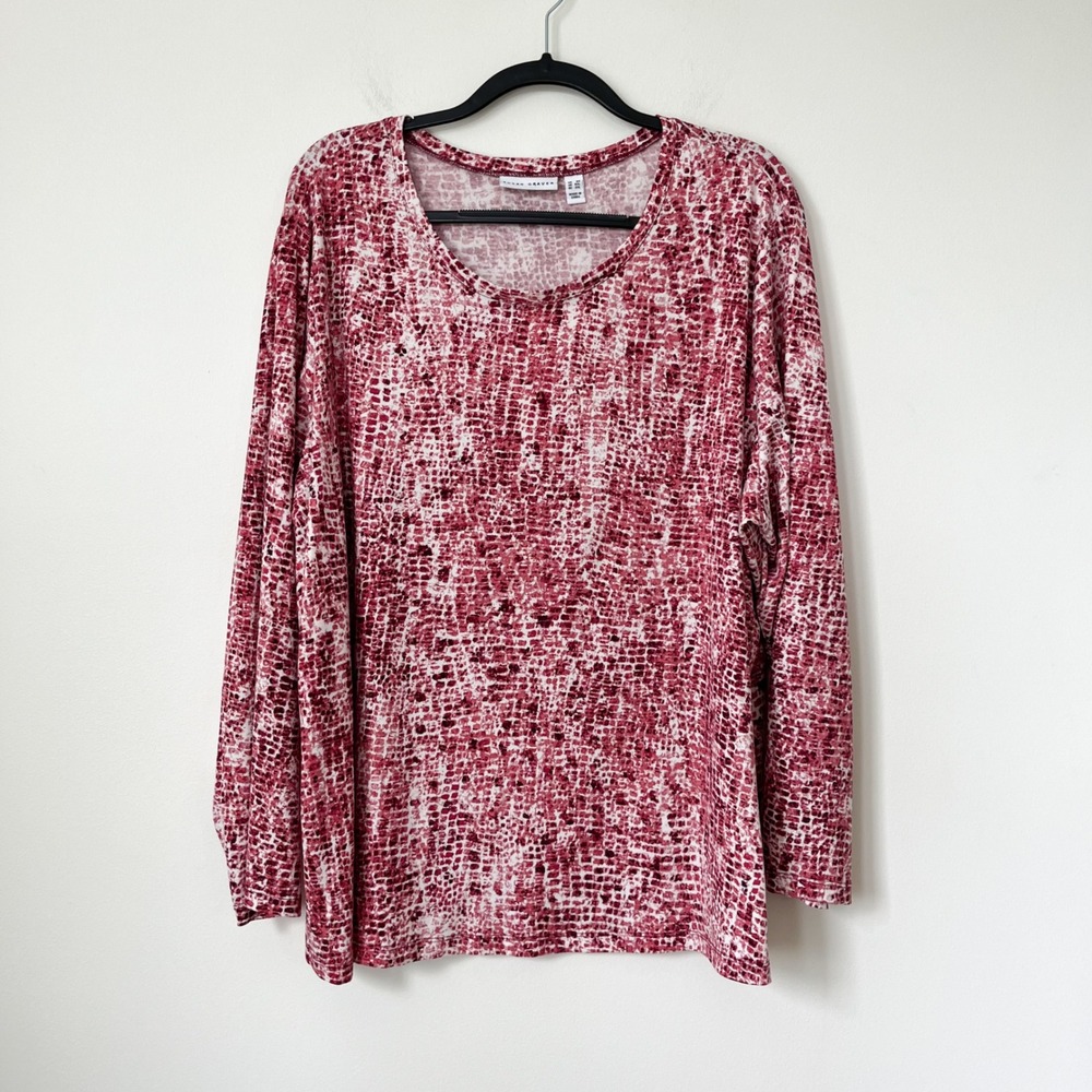 Susan Graver Jersey Knit Long Sleeve Top Snakeskin Print Women 3X White Pink Red